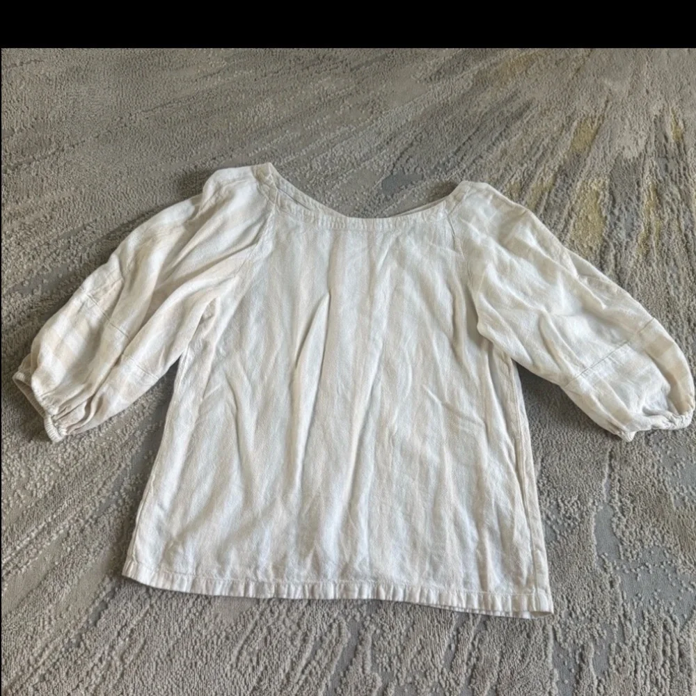 Loft puff balloon sleeve top shirt linen cream tan stripe XS